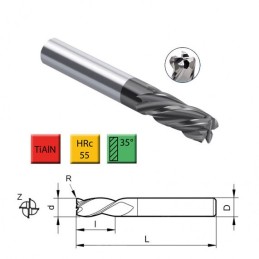 Frézy 4-břité  s rohovým rádiusem, šroubovice 35°, do 55 HRc